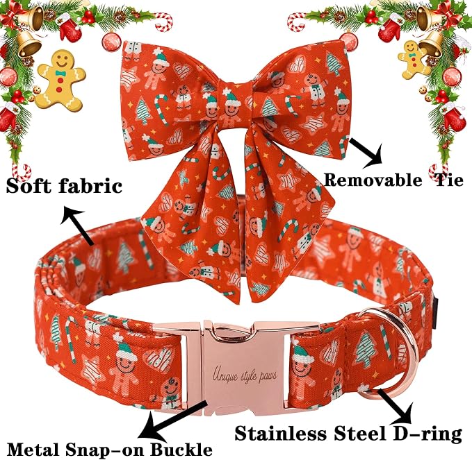 Unique Style Paws Christmas Day Dog Collar with Bowtie Red Christmas Gingerbread Cotton Puppy Collars for Small Medium Large Dogs