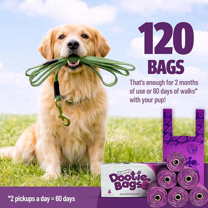 Happy Dootie Bags 10 Rolls.120 Bags with Handles. Clean, Quick and Convenient Pet Dog Poop Cleanup on Walks with Your Furry Friend. Made with Corn Starch. Strong and Leakproof. (Medium Size)