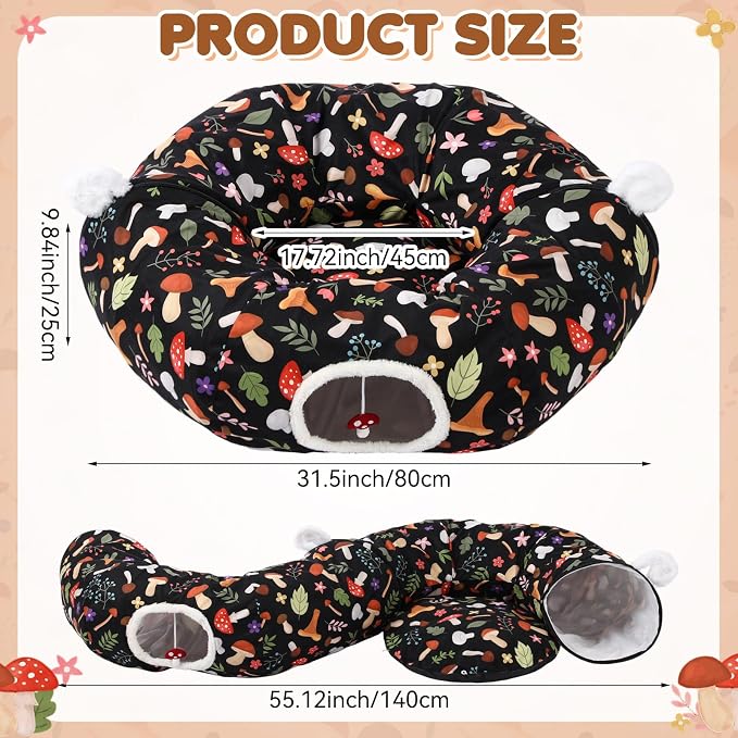 Aliceset Mushroom Spring Cat Tunnel Bed for Indoor Cats 3ft x 3ft x 10in Foldable Cat Donut Tunnel with Washable Cushion Mushroom Pet Peekaboo Cave Toy for Small Kitten Kitty