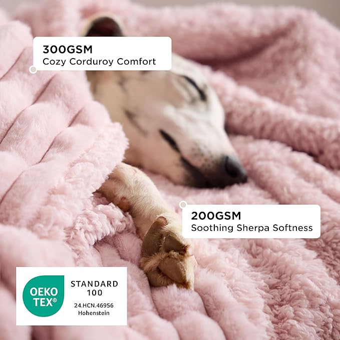 Bedsure ComfyFleece™ Waterproof Dog Blankets for Large Dogs - Soft Pet Cat Blanket Corduroy Fleece for Couch Bed Protector Washable, Cozy Calming Reversible Furniture Protection,50"x60", Blush Pink