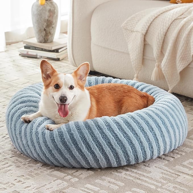 MIXJOY Dog Beds Large Sized Dogs, Washable Dogs Bed with Removable Cover, Cozy Donut Dog Ded Fluffy Plush Faux Fur Pet Bed with Anti-Slip Bottom, 36"x36"x10", Blue