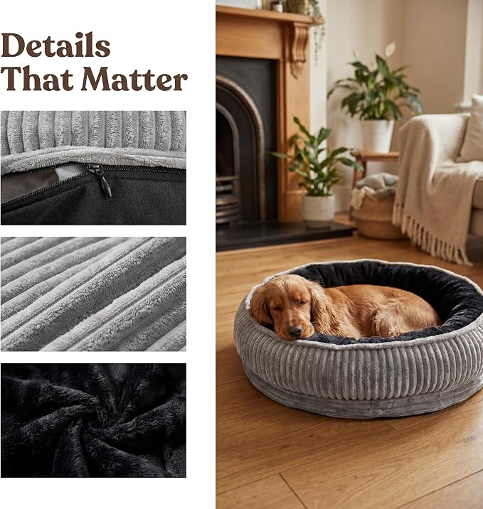 Calming Dog Bed for Small Dogs 18"x20" - Washable Donut Pet Bed with Anti-Slip Bottom, Soft Puppy Bed for Indoor Kittens and Cats with Removable Cover (Black)