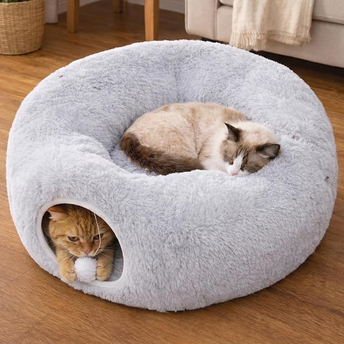 MEOWFIA Indoor Cat Tunnel with Donut Bed - Large Flexible Play Space for Multiple Pets - Circle or Snake Shape, Cozy Lounge (Gray)
