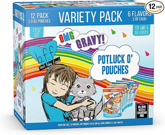 Weruva B.F.F. OMG - Best Feline Friend Oh My Gravy!, Variety Pack, Potluck O' Pouches, Wet Cat Food, 2.8Oz Pouches (Pack of 12)