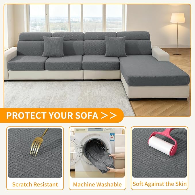 XINEAGE Large Couch Cushion Covers Seat Cushion Cover Thick Stretch Sofa Slipcovers 3 Piece Individual Couch Covers with Elastic Bottom(3 XL Seat Cushion/Backrest,Light Gray)