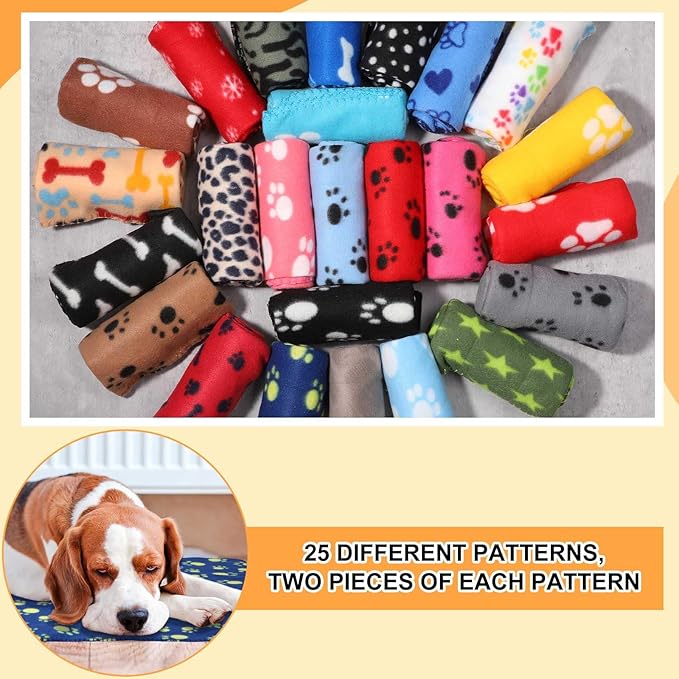 Preboun 50 Pack Puppy Blankets Bulk, 24 x 28 Inch Soft Fleece Pet Paw Print Blankets, Sleep Mat Bed Cover for Kitten, Dogs, Cats & Small Animals, 25 Styles