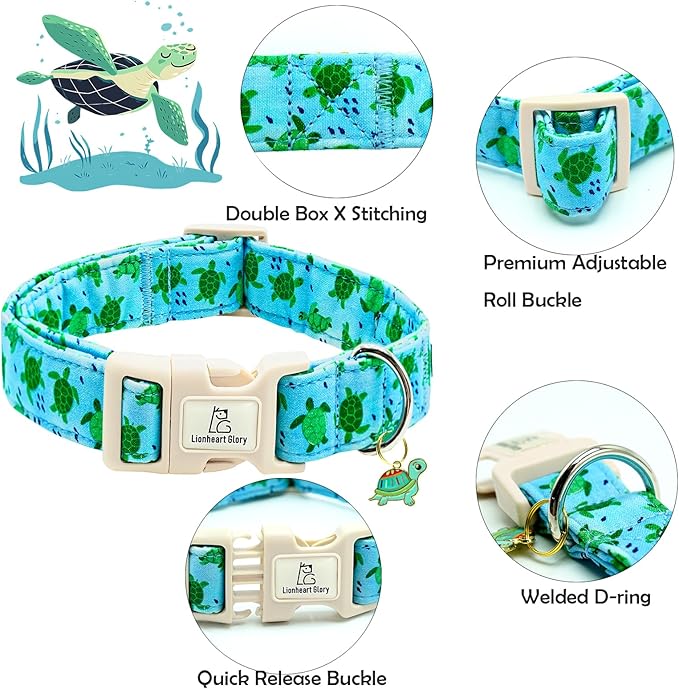 Lionheart Glory Cute Blue Sea Turtle Dog Collar - Soft, Durable, Adjustable for Medium Dogs - Spring/Summer Pet Gift