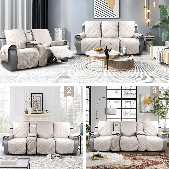 TAOCOCO 100% Waterproof Recliner Couch Covers with Console, Sofa Covers for Reclining Sofa 3 Seat with Straps Design, Split Recliner Sofa Cover Furniture Pets Kids Protector (3 Seater, Cream)