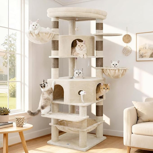 Cat Tree, 81.1" Skyward Corner Cat Tower for Large Cats with Diamond Hideout, Space-Smart Cat Furniture with Grand Platform, Firm Base, 3 Soft Hammock & Pet Relax Station, Beige VCT031MJ