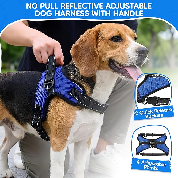 No Pull Reflective Adjustable Dog Harness With Handle- Comfortable Soft All Weather Mesh, Easy On Puppy Harness For Small Medium and Large Dogs (Blue) Medium
