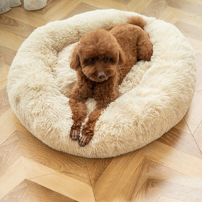 Washable Dog Round Bed - Medium Donut Dog Bed, Comfy Calming Cuddler