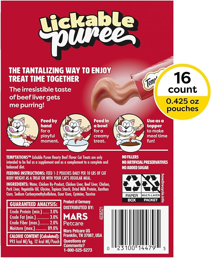 Temptations Creamy Puree Squeezable Lickable Cat Treats, Wet Cat Treats with Beef Liver, 0.42 oz. Tubes, 16 Count