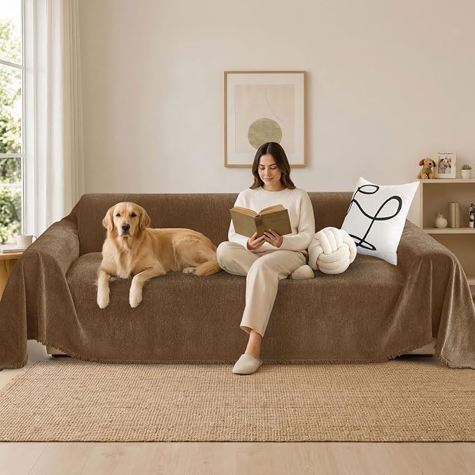 hyha Couch Cover for Dogs, Boho Sofa Covers for 3 Cushion Couch Washable, Chenille Sofa Slipcover for Pets, Soft Loveseat Sectional Couch Throw Blankets with Tassels (Chocolate, 71x91 Inch)