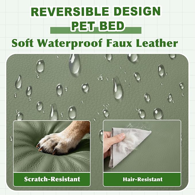 Vonabem Outdoor Dog Bed Waterproof Washable, XL Large Dogs Crate Pad 42 inch, Wipeable Leather Pet beds, Foam Anti-Slip Kennel Pads with Removable Cover Reversible, 41"x27" Green