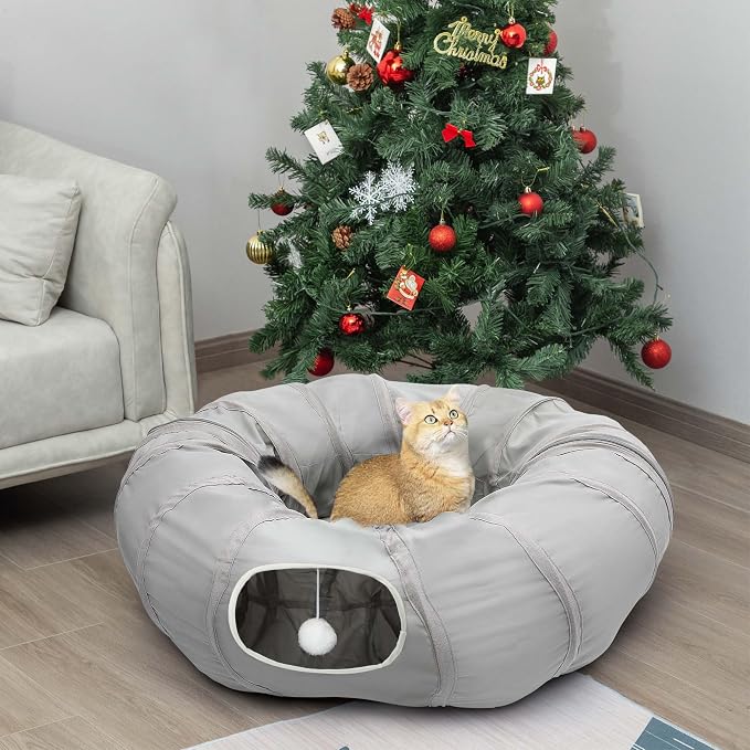 AUOON Cat Tunnel Bed for Indoor Cats - Large Cat Donut Tunnel with Hanging Ball Toy, Collapsible 2-in-1 Multifunctional Interactive Cat Toy for Kitten, Puppy, Rabbit, Ferret (Light Grey)