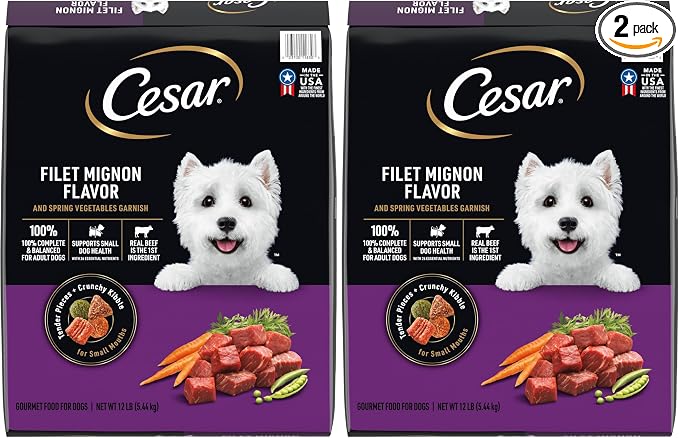 Cesar Small Breed Adult Dry Dog Food Filet Mignon Flavor with Spring Vegetables Garnish Dog Kibble, 12 lb. Bag (Pack of 2)