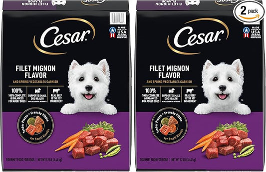 Cesar Small Breed Adult Dry Dog Food Filet Mignon Flavor with Spring Vegetables Garnish Dog Kibble, 12 lb. Bag (Pack of 2)