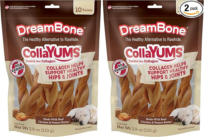 DreamBone CollaYUMS Twists Plus Collagen Chews for Dogs, 10 Count, Treat Your Dog to Rawhide-Free Chews Made with Chicken, Vegetables and Peanut Butter (Pack of 2)