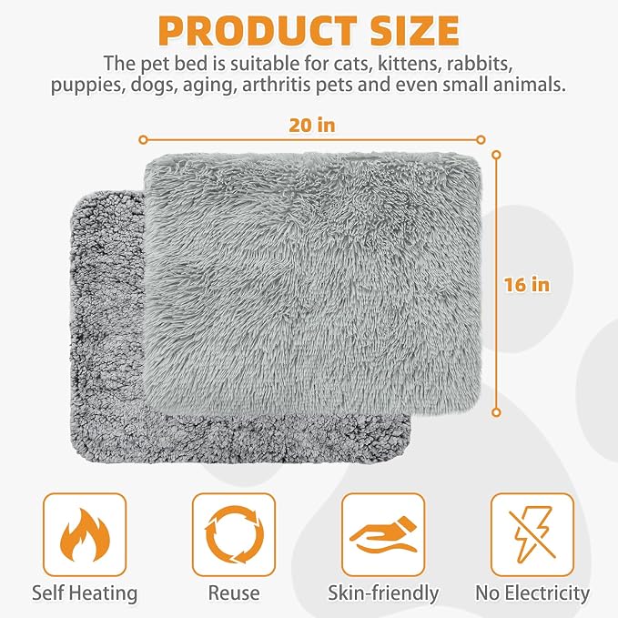KOOLTAIL Self Warming Cat Bed, 4 Pack 16*20in Plush Extra Warm Self Heating Pet Pad for Crate, Floor, Indoor Outdoor, Non-Slip Upgraded Thermal Foil Puppy Kitten Mat with Removable Washable Cover,Grey