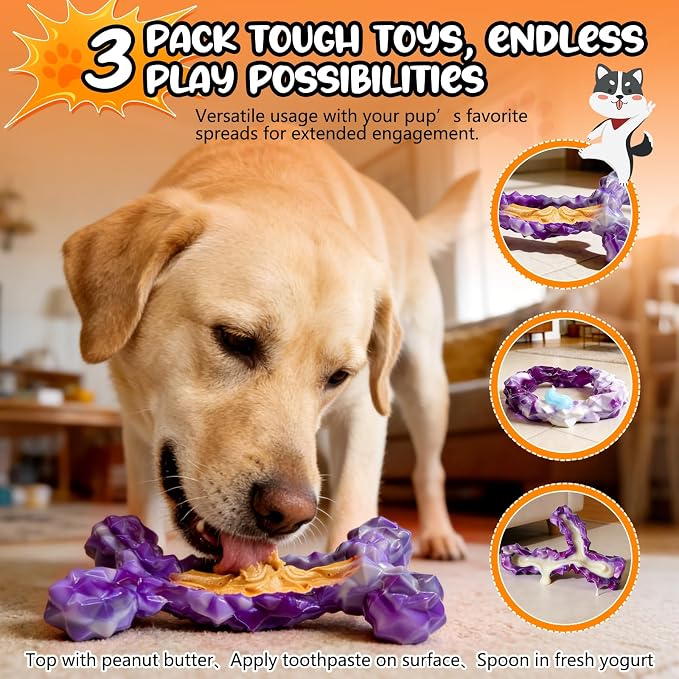 WOWBALA 3 Pack Dog Chew Toys for Aggressive Chewers,Indestructible Dog Toy for Medium Large Dogs, Chew Toys to Keep Dogs Busy,Super Chewer with Tough Nylon, Reduce Boredom & Anxiety（Bacon Flavored）