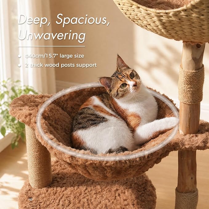 PAWZ Road Modern Cat Tree with Natural Solid Wood Scratching Post, 40 Inches Cat Tower with Large Wicker Basket,Spacious Hammock,Luxury Condo for Indoor Cats，Brown