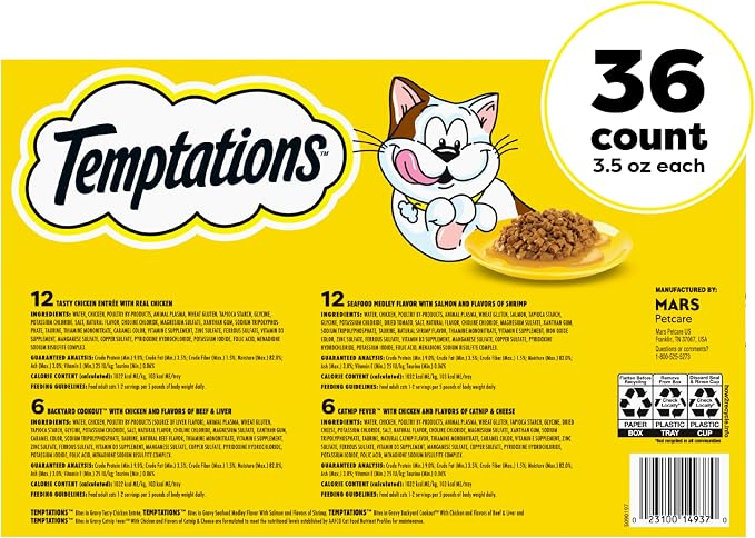 Temptations Bites in Gravy Adult Wet Cat Food Tasty Chicken Entree, Seafood Medley, Backyard Cookout, and Catnip Fever, 3.5 oz. Trays (36 Count, Pack of 1)