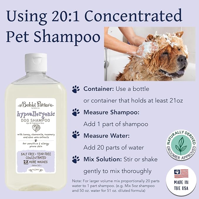 Bobbi Panter Hypoallergenic Dog Shampoo Honey, Aloe Vera, Chamomile & Rosemary – Dye & Fragrance Free Natural Formula for Sensitive & Allergy Skin, Tear-Free, 30:1 Concentrate, Made in USA, 14 oz