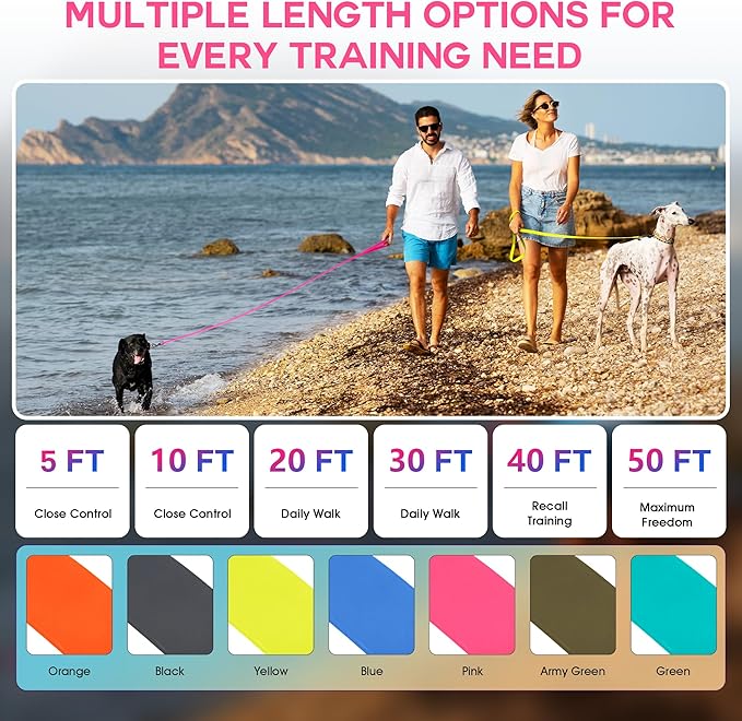 Wolfone 20ft Pink Long Leash - Waterproof Training Dog Leash for Recall, Swimming, Camping, Beach, Hunting, Walking