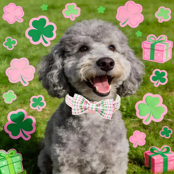 Maca Bates Plaid Dog Collar with Fancy Bow Tie,Cherry Pink Green Gingham Pattern for Medium Girl Boy Dogs,Adjustable Durable Soft Collars Irish Gift for Male Female Puppy