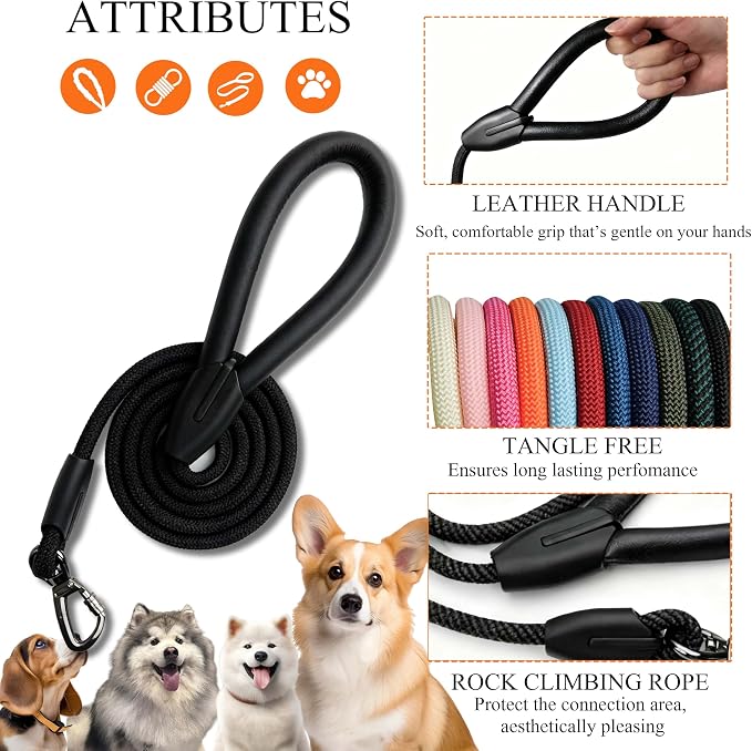 Rope Dog Leash, |Comfortable Leather Handle, Resistant to Dirt and bite | Strong Nylon Pet Lead for Small, Medium, Large Dogs (Black, 6 FEET)