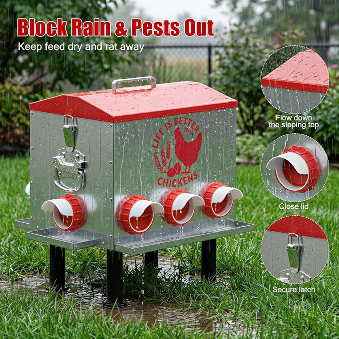 Pawaboo 55LBS Large Capacity Automatic Chicken Feeder - 2026 Upgraded No Waste Poultry Feeder, 7 Feeding Ports, Viewable Feed Level Window, Height-Adjustable Legs + Wobble-Free Stability