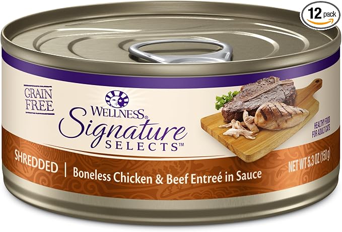 Wellness CORE Signature Selects Shredded Adult Canned Wet Cat Food, Natural, Protein Rich, Grain Free, Chicken and Beef Entrée Recipe, 5.3 oz, Pack of 12 Cans