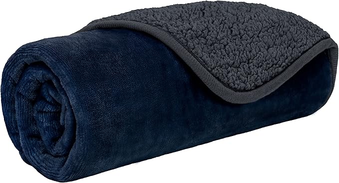 PETAMI Sherpa Fleece Waterproof CAT and Dog Blanket, Navy/Gray, Small