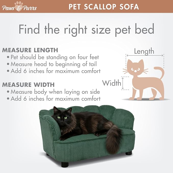 Paws & Purrs Retro Scalloped Back Sofa Style Pet Bed, Dog & Cat Couch with Tufted Cushion & Armrest, Stylish Indoor Pet Furniture, Sage