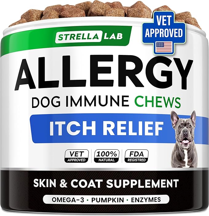 StrellaLab Dog Allergy Relief & Anti Itch Support Chews w/Omega 3: Real Ingredients, Real Taste! Skin & Coat Immune w/Fish Oil, Pumpkin & Enzymes — Developed by Experts - Made in USA - 60Ct