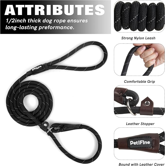 PetiFine Slip Lead Dog Leash, 6FT x 3/8" Reflective Heavy Duty Adjustable Nylon Dog Rope Leash for Small to Large Dogs (Black)