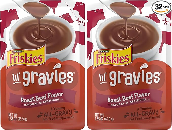 Friskies Purina Lil' Gravies Roast Beef Flavor Cat Food Complement Lickable Cat Treats - 1.55 oz. Pouches,(Pack of 32)