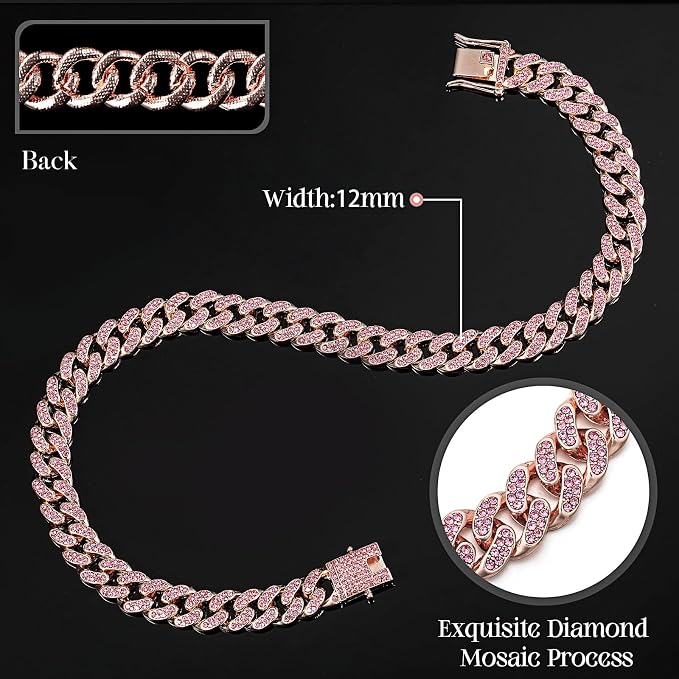 LEIFIDE Dog Chain Collar Diamond Link Puppy Collar 12 mm Wide Dog Necklace Metal Cat Chain Pet Crystal Necklace Jewelry Accessories for Small Medium Large Pet(22 Inch,Rose Gold, Pink)