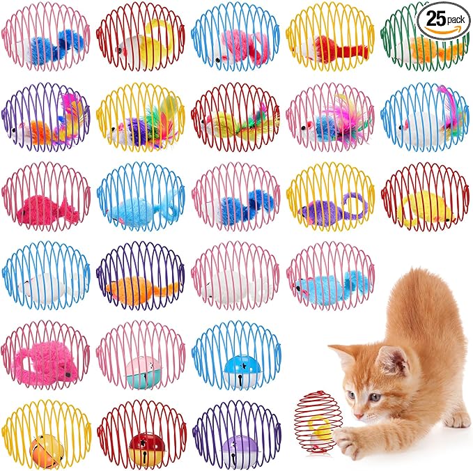 Jecery 25 Pcs Cat Spring Balls Toys Stretchable Rolling Balls Colorful Playful Coils Interactive Action Toy Caged Rats for Kitten Pet Supplies (Mouse and Bell,Colorful)