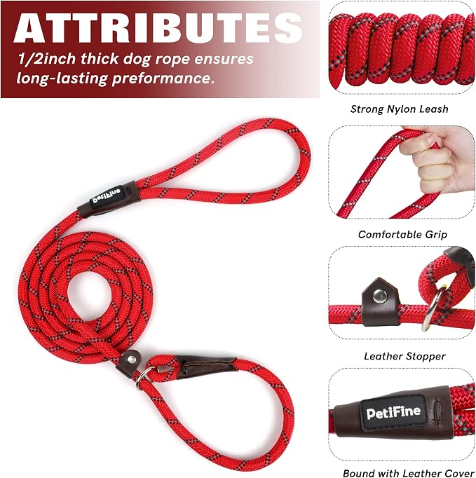 PetiFine Slip Lead - 6FT x 3/8" Reflective Durable Dog Training Leash, Heavy Duty Adjustable Nylon Dog Rope Slip Leash for Small to Large Dogs (Red)