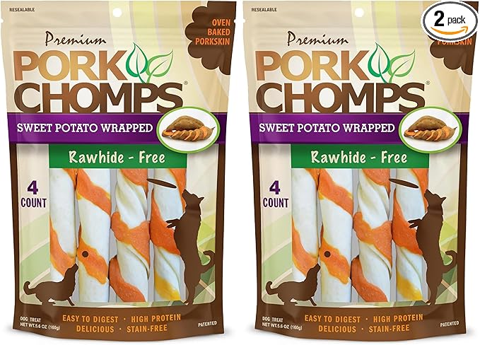 Pork Chomps Baked Pork Skin Dog Chews, 6-inch Twists, Real Sweet Potato Wrap, 4 Count (Pack of 2)