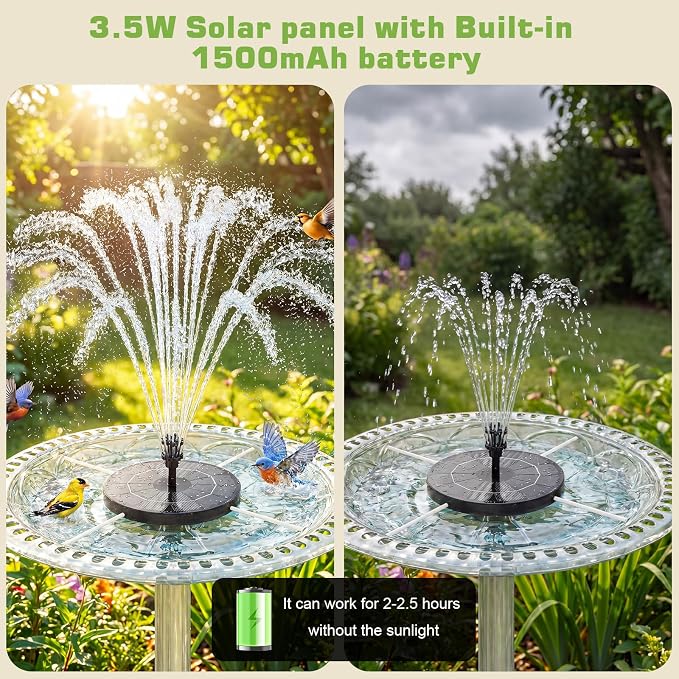 AISITIN Solar Fountain with 3.5 W Solar Panel, Solar Fountain for Bird Bath 1500 mAh Battery - 6 Effects for Pool, Fish Pond, Bird Bath, Garden