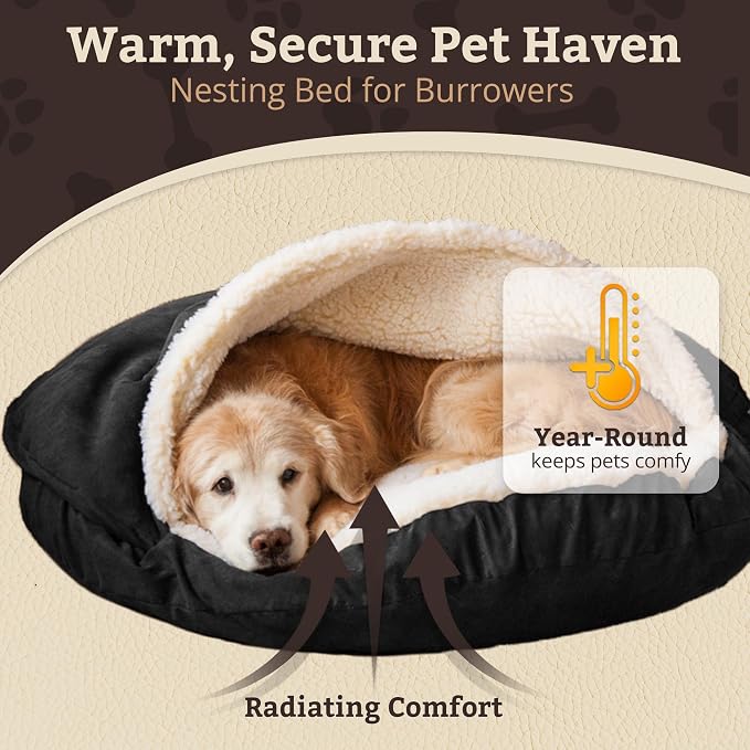 Snoozer Cozy Cave Dog Bed - Indoor Dog Bed with Cover Cave, Covered Calming Burrow for Small Sized Pets with Blanket Attached, Enclosed, Removable Washable Cover - Small, Black