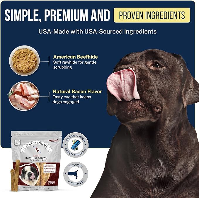 Tartar Shield® Soft Rawhide Dental Chews for Extra Large Dogs | VOHC Accepted | Reduces Tartar, Controls Plaque & Freshens Breath | Vet Recommended | Bacon Flavor | USA Made | 12 Count