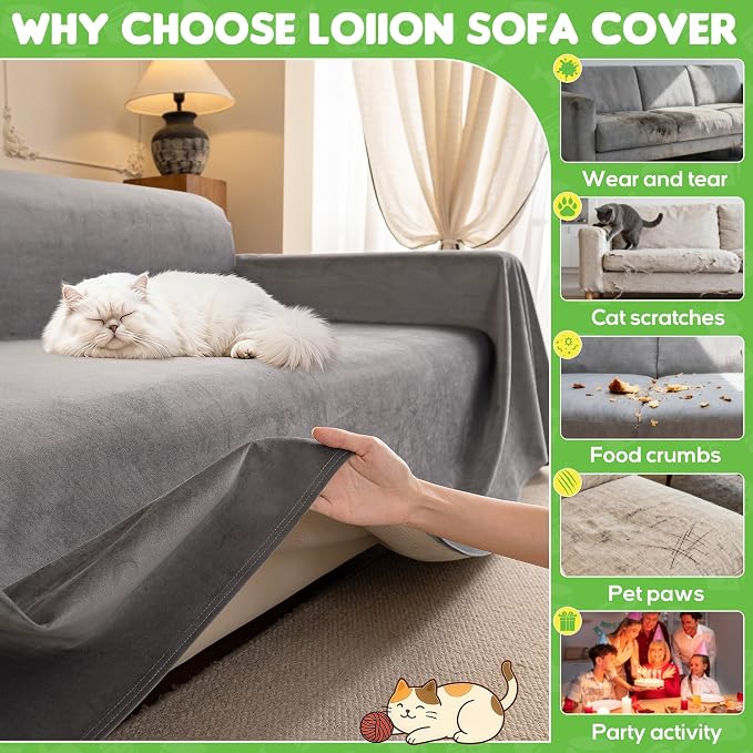 LOllON Velvet Couch Cover for Cats Dogs Kids - 100% Waterproof Cat Scratch Resistant Sofa Cover, Non-Slip Washable Furniture Protector,Ultra Soft Pet-Friendly Slipcover for 3-Seat Sofa 134"X71" Grey