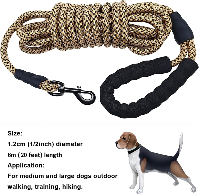 MayPaw 20ft Rope Dog Leash, Long Dog Lead 6/8/10/15/20FT Nylon Pet Leash, Soft Padded Handle Thick Lead Leashes for Large Medium Dogs Walking Training (Brown)