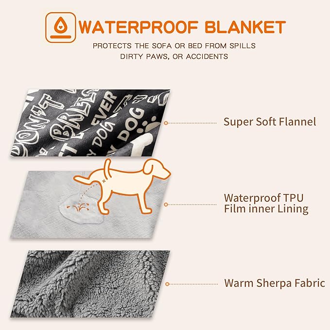 Waterproof Dog Blankets Pet Blanket 50"x60", Soft Fluffy Sofa Car Bed Protector, Reversible Sherpa Fleece Dog Blanket for Large Dogs(Letters)