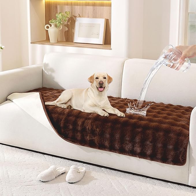 Waterproof Dog Bed Cover Non Slip Couch Covers for Dogs Washable Soft Faux Fur Sofa Cover Couch Covers for 3 Cushion Couch Sofa Pet Friendly (Brown, 24" x 24" 2 Pack)