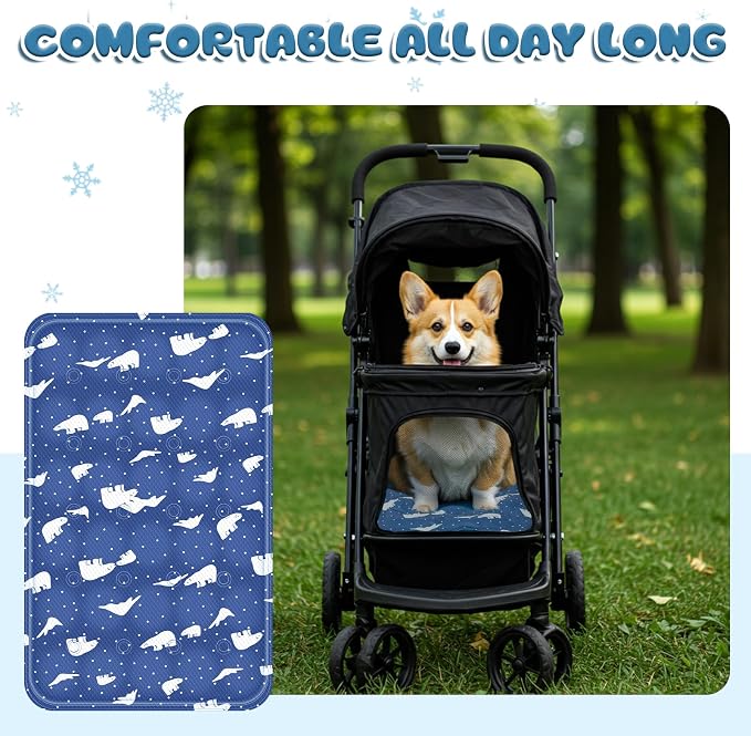 Nuanchu Dog Stroller Cooling Mat, Waterproof Gel Pet Cooling Pad for Summer, Washable Cat Sleeping Blanket, Portable Ice Gel Travel Mat for Cats, Crates, Car Seat(11.81 x 19.69 Inches,Royal Blue Bear)