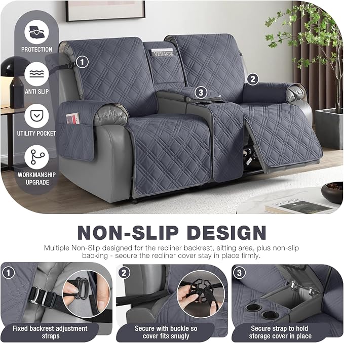 TAOCOCO Loveseat Recliner Cover with Console, Non-Slip Split Reclining Pet Cover for Dual Loveseat Recliner, Furniture Protector with Elastic Straps (2 Seater, Dark Grey)